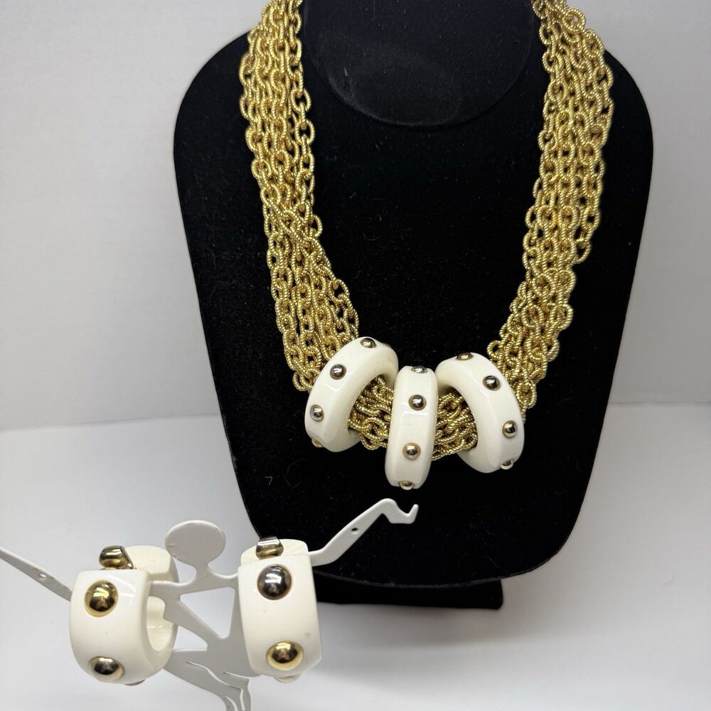 Vintage RJ Graziano Gold Tone Chain Link Necklace Lucite Matching Clip Earrings
